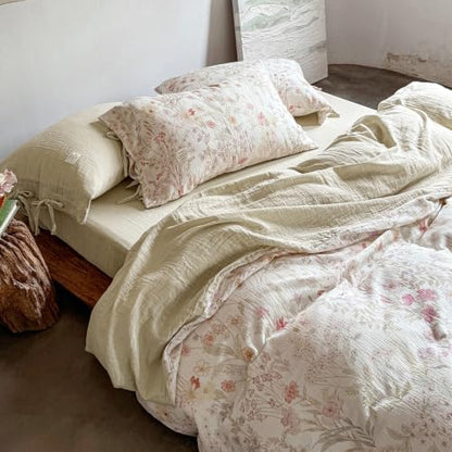 VM VOUGEMARKET Cottagecore Wildflower Duvet Cover Set Twin,Luxury Crinkled Double Layer Cotton Bedding Bedding Set,Lightweight Breathable Floral Comforter Cover for Girls Women
