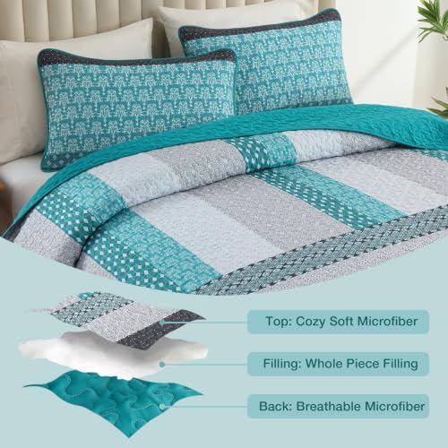 WONGS BEDDING Teal Blue King Size Quilt Set, Boho Striped Bedspread