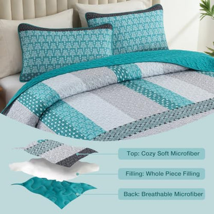 WONGS BEDDING Teal Blue King Size Quilt Set, Boho Striped Bedspread