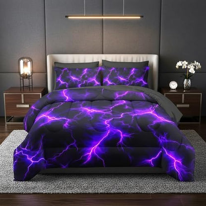 QOOMO Purple Lightning 7 Pieces Comforter Set Full,Neon Bedding Set