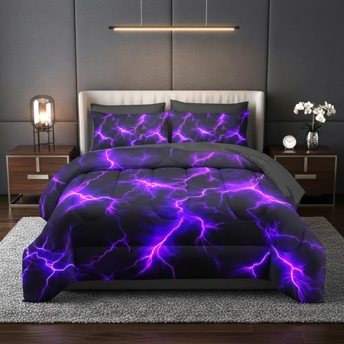 QOOMO Purple Lightning 7 Pieces Comforter Set King,Neon Bedding Set