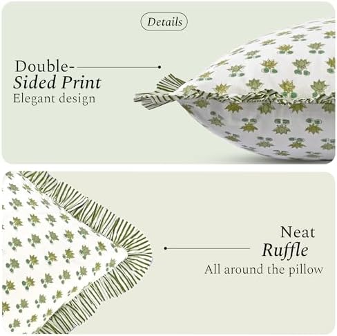 CPC Block Print Lotus Meadow Ruffle Cotton Lumbar Pillow Cover 14x36 inch