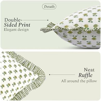 CPC Block Print Lotus Meadow Ruffle Cotton Lumbar Pillow Cover 14x36 inch