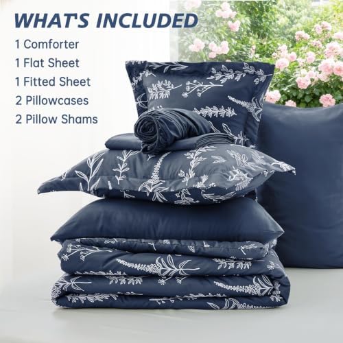 MUXHOMO Oversized King Comforter Set, Navy Blue Elegant Floral Print Bed in a Bag 7 Pieces, Soft & Breathable Reversible Botanical Pattern Bedding Set with Comforter, Sheets, Pillowcases, and Shams