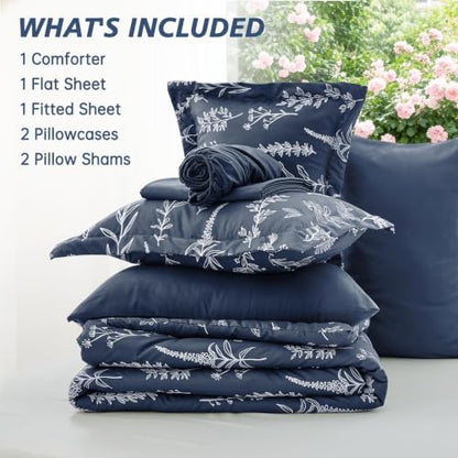 MUXHOMO Oversized King Comforter Set, Navy Blue Elegant Floral Print Bed in a Bag 7 Pieces, Soft & Breathable Reversible Botanical Pattern Bedding Set with Comforter, Sheets, Pillowcases, and Shams