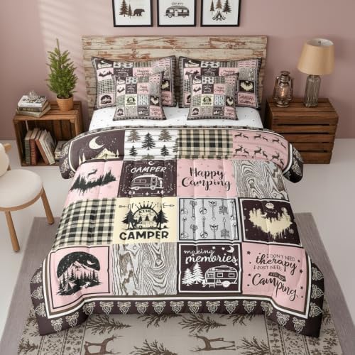 Erosebridal 7 Piece Happy Camping Comforter Set Twin for Kids Girls,Rv Camper Bedding Set Pink Buffalo Plaid Decor,Rustic Cabin Bed Set with Sheets,Travel Trailer Bed in a Bag with Pillowcases