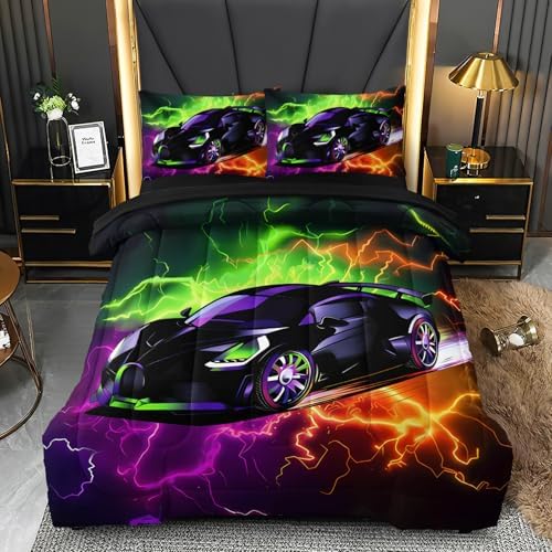 5 Pcs Twin Car Bedding Sets for Boys, Lightnings Car Twin Comforter Set for Boys Teens, Twin Boy Bedding Set with Sheets