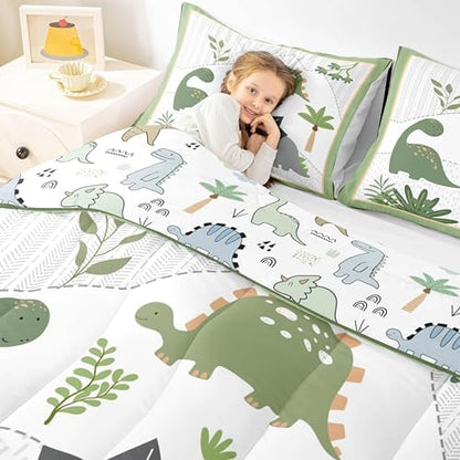 Cute Dinosaur Kids Comforter Set,Child Green Palm Leaves Plant Duvet Set for Boys Girls Bedroom Decor,Cartoon Animals Jungle Dino Brushed Microfiber Soft Reversible Print Quilt,Full Size 3 PCS