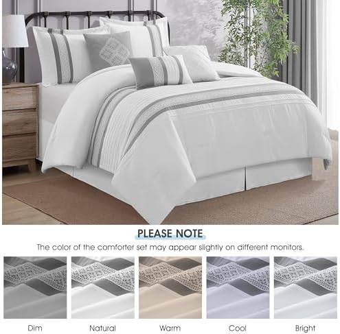 LANCO MODERN LIFESTYLE 7 Piece Comforter Set, Grey White, California King, Boho Style Geometric Microfiber Embroidery, Bed in a Bag with Bedskirt, Pillow Shams and Decor Pillows