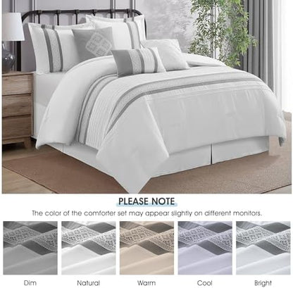 LANCO MODERN LIFESTYLE 7 Piece Comforter Set, Grey White, California King, Boho Style Geometric Microfiber Embroidery, Bed in a Bag with Bedskirt, Pillow Shams and Decor Pillows