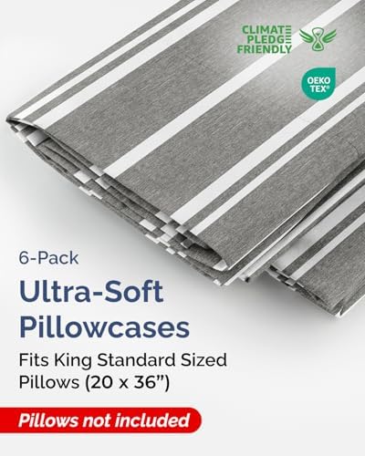 King Standard Pillow Cases Set of 6 - Soft Pillowcase Covers - Grey Stripes