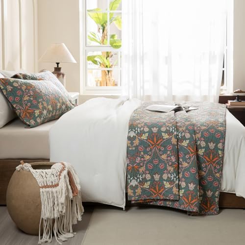 Lady Ann 100% Cotton Floral Quilt Sets Queen - Vibrant Paisley Flowers Pattern Plant Botanical Printed Quilted Bedspread & Coverlet Set, 3 PCS Lightweight Extra Soft Queen Bedding Sets All Season