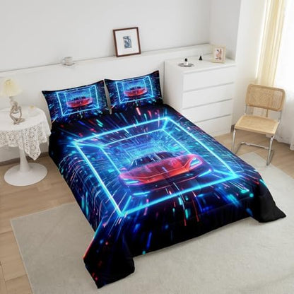 Erosebridal Boys Sports Car King Comforter Set for Kids Racing Car Bedding Set Sports Race Car Down Comforter Colorful Cool Neon Quilt Lightning Duvet Insert 3Pcs Bedding Room Decor