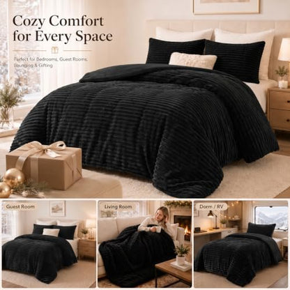 CozyLux Fleece Twin Comforter Set, 2 Piece Winter Warm Black Bedding