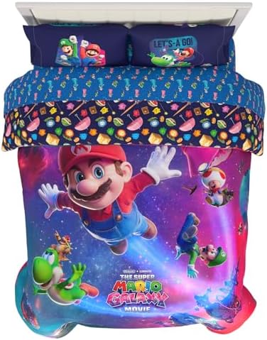 The Super Mario Galaxy Movie Bedding Set, Full Size 5 Piece Kids Super Soft Cozy Reversible Comforter and Sheet Set, (Officially Licensed Product) By Franco