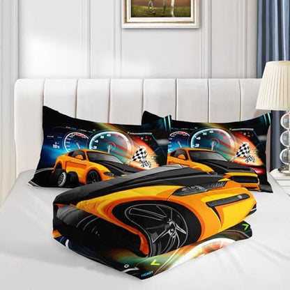 Axolotl Race Car Bedding Set King Size,Boys Extreme Sports Comforter for Kids Teens,Yellow Car Racing Bedding,Cool Speed Duvet,Sports Theme Quilt Set with 1 Comforter and 2 Pillowcases