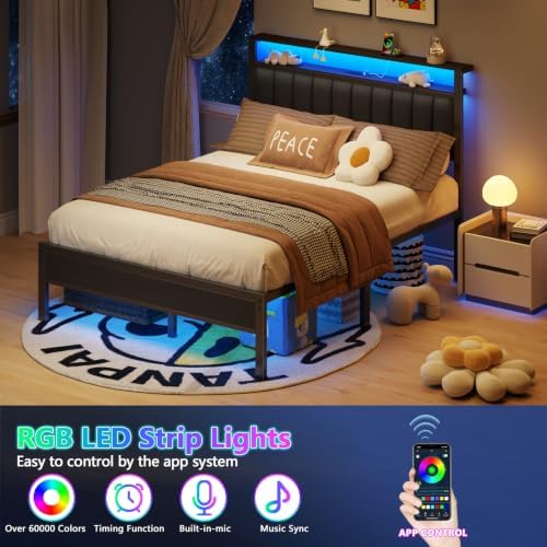 Furnulem Queen Size Bed Frame with Charging Station and LED Lights