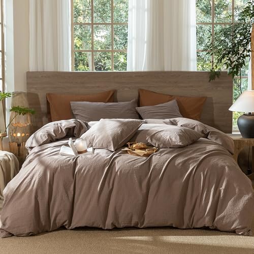 MooMee Wavy Striped Duvet Cover Set 100% Washed Cotton Linen Like Textured Breathable Durable Soft Comfy (Brown, Super King Plus 120"x120")