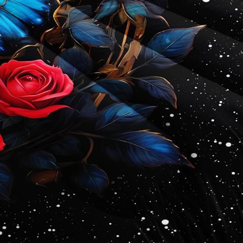 Blue Butterfly Comforter Set Queen Size,Red Rose Comforter Butterfly Bedding Sets for Kids Girls Teens Room Decor Aesthetics,Animal Themed Comforter Floral Bedding Sets with 2 Pillowcases.