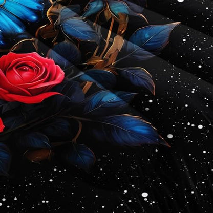 Blue Butterfly Comforter Set Queen Size,Red Rose Comforter Butterfly Bedding Sets for Kids Girls Teens Room Decor Aesthetics,Animal Themed Comforter Floral Bedding Sets with 2 Pillowcases.