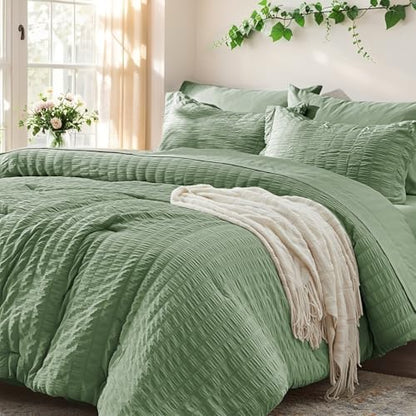 Queen Comforter Set 7 Piece, Sage Green Bed in a Bag Queen Bedding Sets