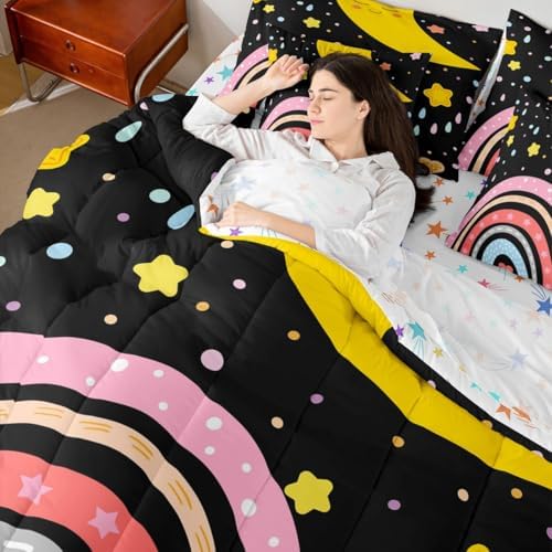 Erosebridal Rainbow Twin Comforter Set 7 Piece Cartoon Star Moon Bed in A Bag with Sheets for Kids Girls Boys Cute Rainbow Black Bedding Set Love Hearts Polk Dots Bed Set Kawaii Room Decor