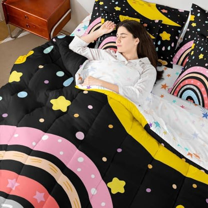 Erosebridal Rainbow Twin Comforter Set 7 Piece Cartoon Star Moon Bed in A Bag with Sheets for Kids Girls Boys Cute Rainbow Black Bedding Set Love Hearts Polk Dots Bed Set Kawaii Room Decor