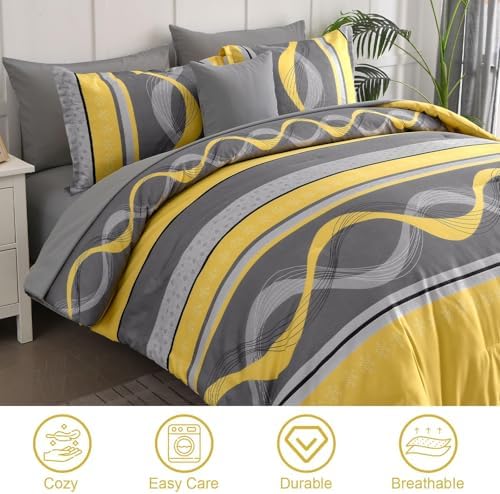 Anibedding Yellow Comforter Set California King Size,8 Pieces Bed in a Bag Patchwork Striped Bedding Sets,Boho Soft Microfiber Bedding Set for All Season(104"×96")