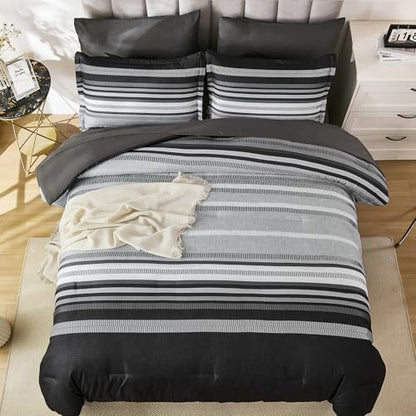 Dobuyly Grey Comforter Set King Size 7 Piece, Boho Striped Bed in a Bag King Soft Microfiber Dark Gray Bedding Sets with Comforter, Sheets, Pillowcases & Shams All Season
