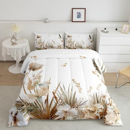 jejeloiu Brown Floral Leaves Comforter Set King Size Kids Boho Bedding Set for Boys Girls Teens Bohemian Duvet Breathable Spring Wildflower Quilt Bedroom Decor,1 Comforter with 2 Pillowcase