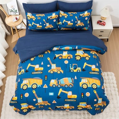 NTBED 5 Pieces Construction Truck Twin Comforter Set for Boys Kids Bed in a Bag Vehicles Excavator Lightweight Microfiber Bedding Sets,Blue