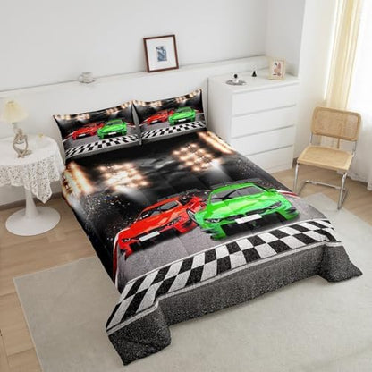 Feelyou Sports Car Comforter Twin Size Decor Red Green Race Car Comforter Set for Kids Boys Racing Car Bedding Set Extreme Sports Competitive Quilt Set Room Decorations