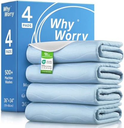 WhyWorry Washable Bed Pads for Adult Incontinence, 34"x36", Blue, 4 Count