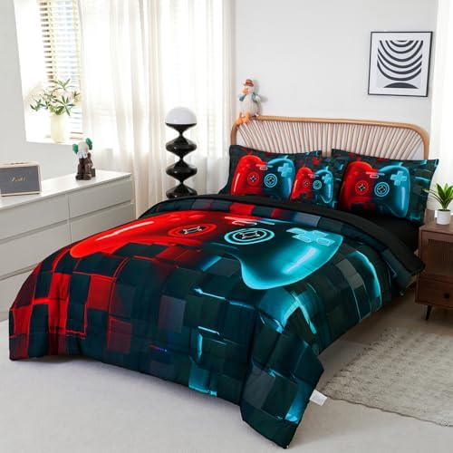 PERFEMET 6 Piece Gamer Bed Set Twin Red Teal Game Console Kids Bed in A Bag