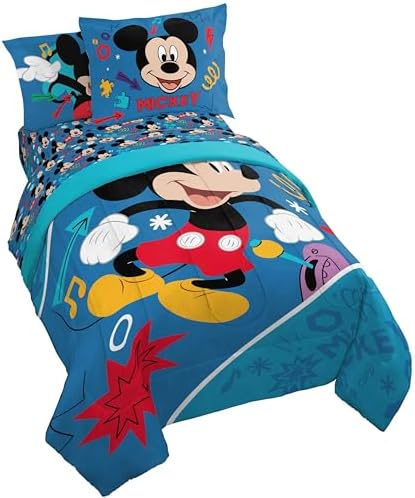 Disney Mickey Mouse Twin Comforter Set 5 Piece Kids Cartoon Bedding, Blue