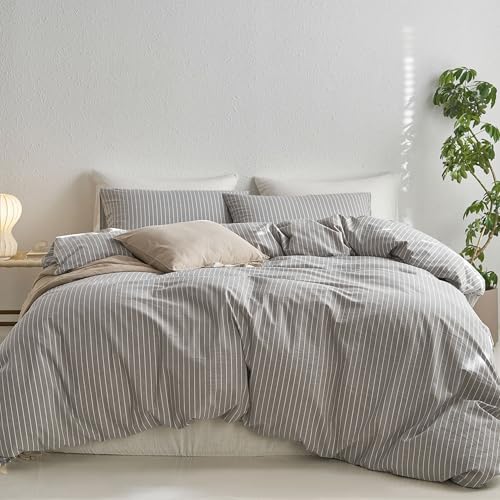 MooMee Striped Duvet Cover Set 100% Washed Cotton Linen Like Full