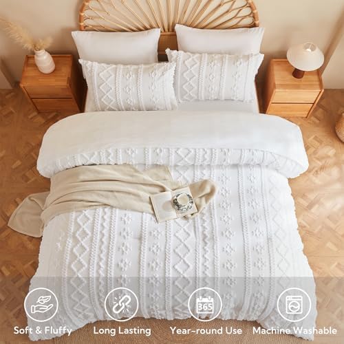 MR&HM 7 Pieces Comforter Set Full, Tufted Boho Farmhouse Bed Set White