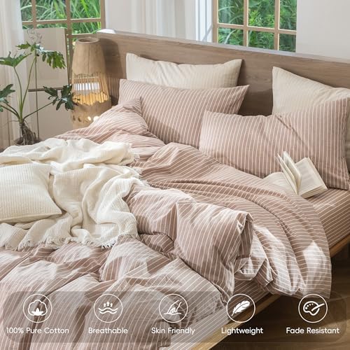 MooMee Striped Duvet Cover Set 100% Washed Cotton Linen Like Twin