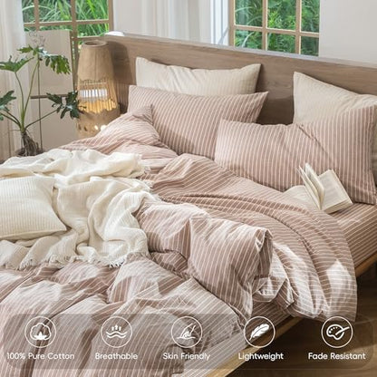 MooMee Striped Duvet Cover Set 100% Washed Cotton Linen Like Queen