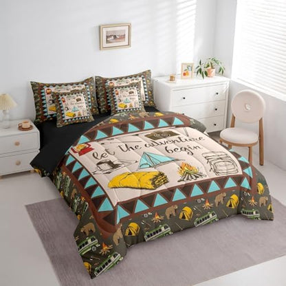 Erosebridal Camper Accessories 7 Piece Bedding for Travel Trailers,Aztec Farmhouse Style Comforter Set Queen Bed in a Bag for Kids Boys Girls,Happy Camping Bed Sheets,Bear Travel Car Down Comforter
