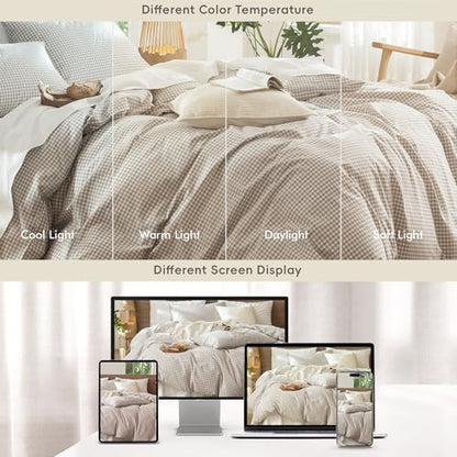 MooMee Gingham Duvet Cover Set 100% Washed Cotton Linen Like