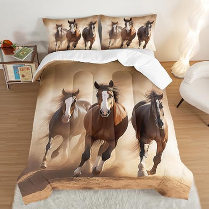 HOSIMA Brown Horse Comforter Sets King Size,3D Handsome Horse Galloping Printed Bedding Set for Adults Teens Boys Room Decor,Wildlife Theme Bedding Sets King Size with 2 Pillowcases.