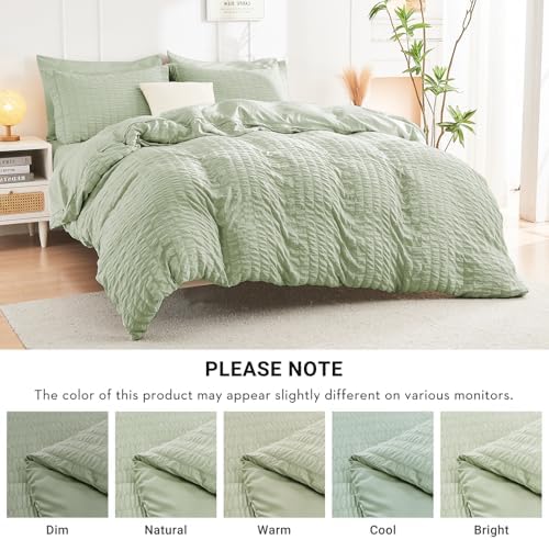 HYMOKEGE Light Green Full Size Comforter Sets Seersucker 7 Pieces, All Season Luxury Bed in a Bag for Bedroom, Bedding Set with Comforters, Sheets, Pillowcases & Shams