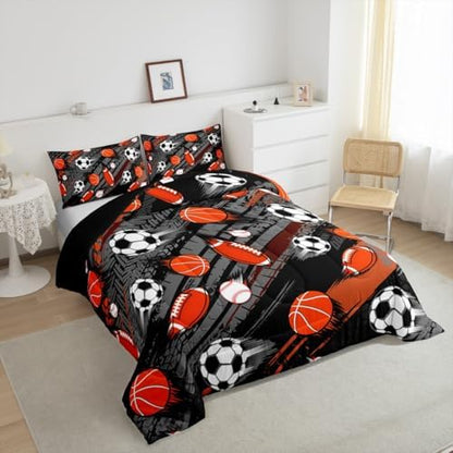 Homewish Sports Theme Comforter Set,Soccer Football Bedding Set for Kids Girls Women,Adults Baseball Basketball Comforter,Sports Gaming Quilted Duvet Set Bedroom Collection Twin Size 2Pcs