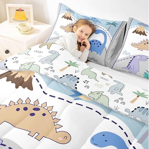 Castle Fairy Kids Dinosaur Comforter Set,Cute Wildlife Animal Down Alternative Chid Bedroom Decor,Cartoon Jungle Dino Ultra Soft Microfiber Inner Fill 3Pcs Double Sides Print Bedding Queen Size