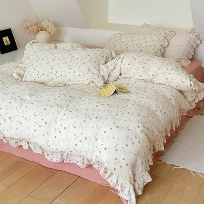 VM VOUGEMARKET Muslin Cotton Duvet Cover Queen Shabby Chic Red Floral Rabbit Bedding Set with Ruffles,Soft, Breathable Linen Like Gauze Comforter Cover with Zipper Closure
