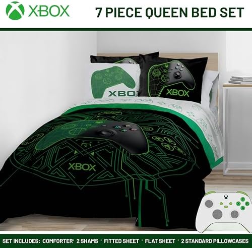 Jay Franco Kids Comforter Set Includes Sheets and Pillow Covers - Soft and Cozy Bed Set for Stylish Room Decor, Official Licensed Product, White - Xbox, 7 Piece Queen