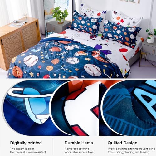 Wajade Sports Comforter Set Bed in A Bag Full Size 7 Piece 3D Soccer Basketball Baseball Football Bedding Set for Kids Boys (1 Comforter, 1 Flat Sheet, 1 Fitted Sheet, 2 Pillowcase and 2 Pillow Sham)