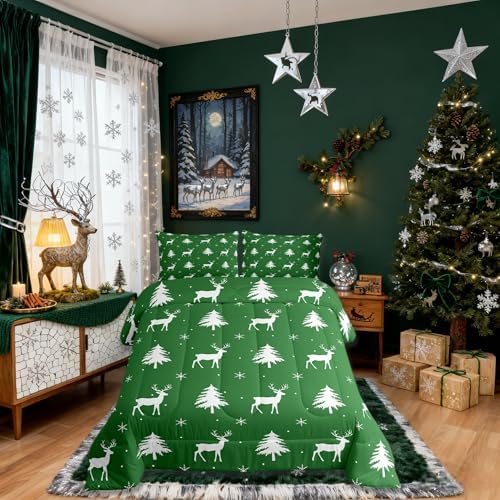 Christmas Deer Comforter Set Full Size,Snowflake Pine Tree Kids Bedding Set,Rustic Farmhouse Xmas Quilt Comforter,Green White Duvet Insert,2 Pillowcases