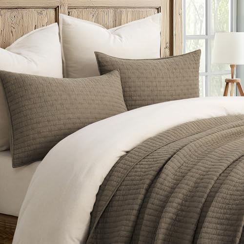 EVERGRACE Cross Stitch Pre-Washed Cotton Quilt Bedding Set Queen Size, Oversized 3 Pieces Lightweight Bedspread Coverlet for All Season, with 2 Matching Shams, Mocha Brown Updated, 92"x96"